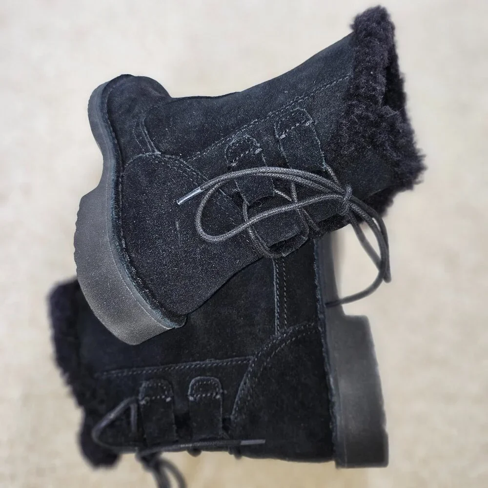 NWOT UGG BLACK SUEDE BOOTS with LACE UP BACK TIES  & COZY PLUSH LINING SIZE 6 - Picture 6 of 12